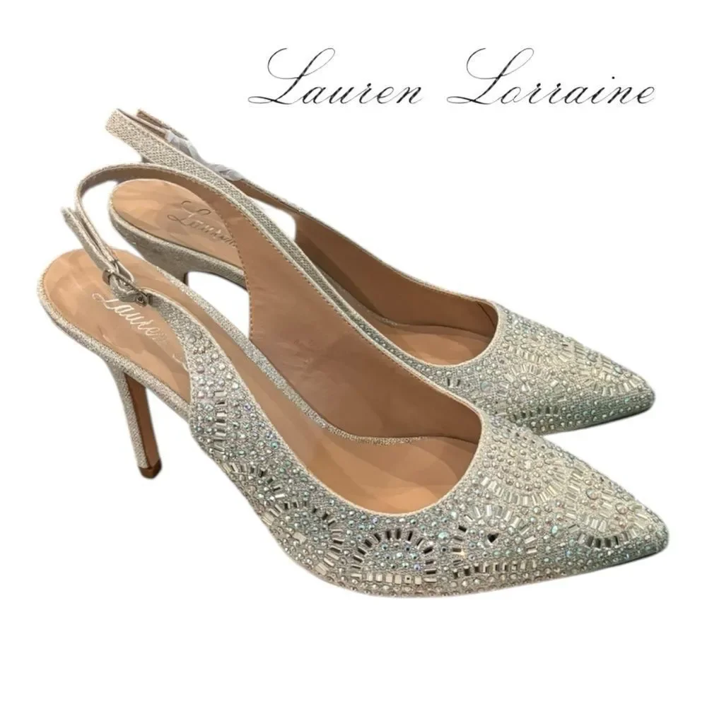 New Lauren Lorraine “Rachel” Silver Embellished Women's Slingback Heels 10